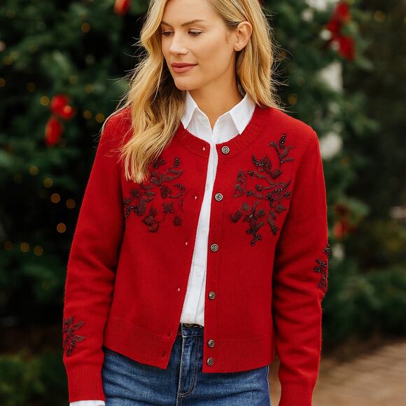 Sundance SZ PS Red Embroidered & Beaded Betty Cardigan Sweater Wool Blend - Picture 1 of 6